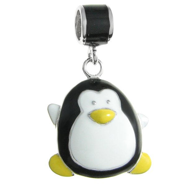 Sterling Silver Lovely Penguin White Black Yellow Enamel Dangle Bead for European Charm Bracelet