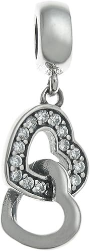 Antique 925 Sterling Silver Double Love Heart Clear CZ Crystal Dangle Bead for European Charm Bracelets