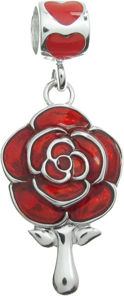 Rhodium on Sterling Silver Love Rose Flower Mirror Red Enamel Dangle Bead for European Charm Bracelet