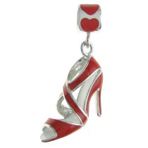 Rhodium on Sterling Silver High Heel Shoe Red Enamel Dangle Bead for European Charm Bracelet