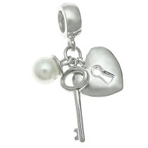 925 Sterling Silver Heart Lock Key Seashell Pearl Dangle Bead for European Charm Bracelets