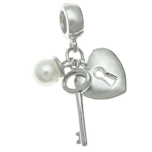 925 Sterling Silver Heart Lock Key Seashell Pearl Dangle Bead for European Charm Bracelets