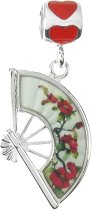 Rhodium on Sterling Silver Chinese Style Flower Fan Love Red Enamel Dangle Bead for European Charm Bracelet