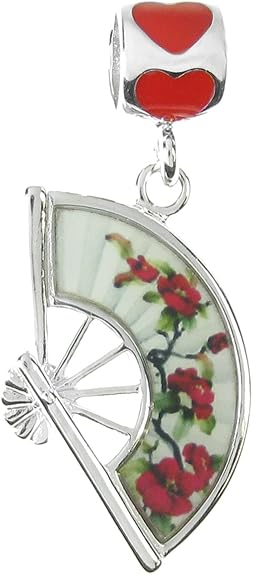 Rhodium on Sterling Silver Chinese Style Flower Fan Love Red Enamel Dangle Bead for European Charm Bracelet