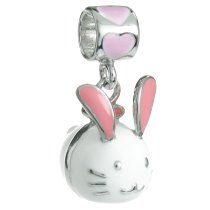 Rhodium on Sterling Silver Lovely Easter Rabbit White Pink Enamel Dangle Bead for European Charm Bracelet