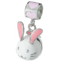 Rhodium on Sterling Silver Lovely Easter Rabbit White Pink Enamel Dangle Bead for European Charm Bracelet