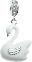 Rhodium on Sterling Silver Lovely White Swan Enamel Dangle CZ Crystal Bead for European Charm Bracelet
