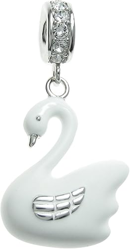 Rhodium on Sterling Silver Lovely White Swan Enamel Dangle CZ Crystal Bead for European Charm Bracelet