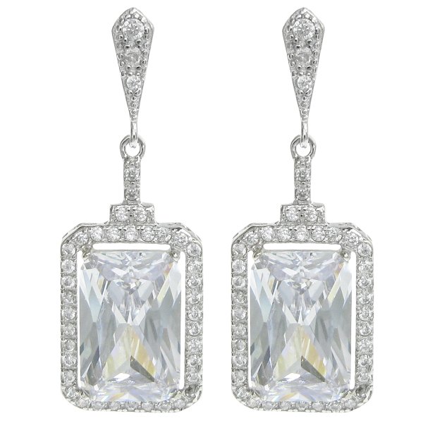 Sterling Silver Rectangle Clear CZ Crystal Dangle Charm Earring Stud Post