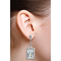 Sterling Silver Rectangle Clear CZ Crystal Dangle Charm Earring Stud Post