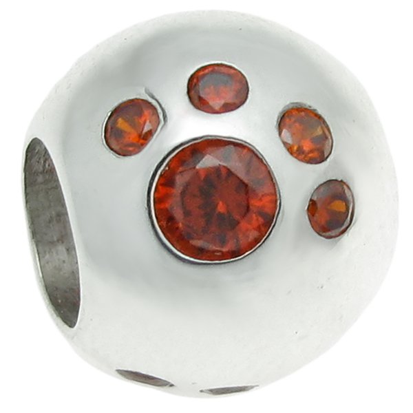 Sterling Silver Round Dog Puppy Paw Footprint Red CZ Crystal Bead for European Charm Bracelets