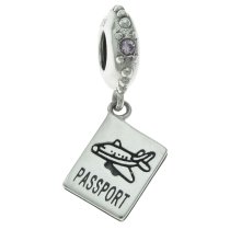 925 Sterling Silver Plane Travel Passport Dangle Pink CZ Crystal Bead for European Charm Bracelets