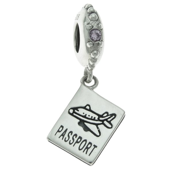 925 Sterling Silver Plane Travel Passport Dangle Pink CZ Crystal Bead for European Charm Bracelets