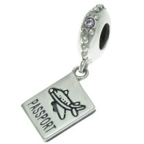 925 Sterling Silver Plane Travel Passport Dangle Pink CZ Crystal Bead for European Charm Bracelets