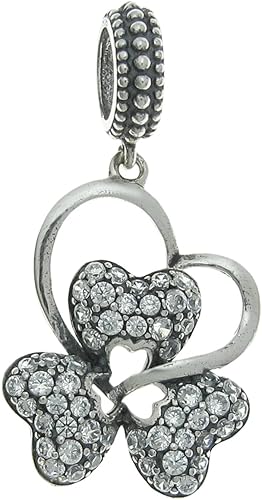 Sterling Silver Valentine Love Heart Leaf Clover Clear CZ Crystal Dangle Pendant Bead for European Charm Bracelets