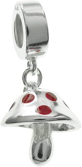Sterling Silver Red Enamel Mushroom Dangle Bead for European Charm Bracelets