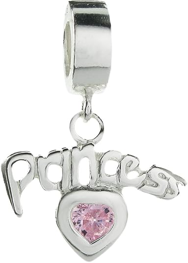 925 Sterling Silver Princess Love Heart Pink CZ Crystal Dangle Bead for European Charm Bracelets