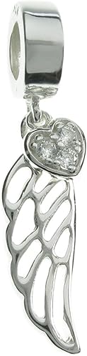 Sterling Silver Angel Wing Heart Clear CZ Dangle Bead for European Charm Bracelets
