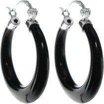 Sterling Silver Natural Black Onyx Ring Drop Hoop Huggie Earring 25mm