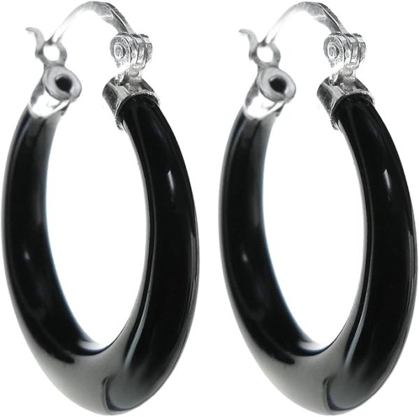 Sterling Silver Natural Black Onyx Ring Drop Hoop Huggie Earring 25mm
