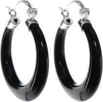 Sterling Silver Natural Black Onyx Ring Drop Hoop Huggie Earring 20mm