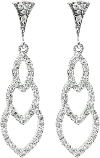 Rhodium-Plated Sterling Silver Triple Heart Cubic Zirconia Stud Post Drop Earrings