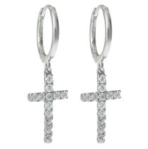 Sterling Silver Cubic Zirconia Christian Cross Dangle Hoop Huggie Earrings