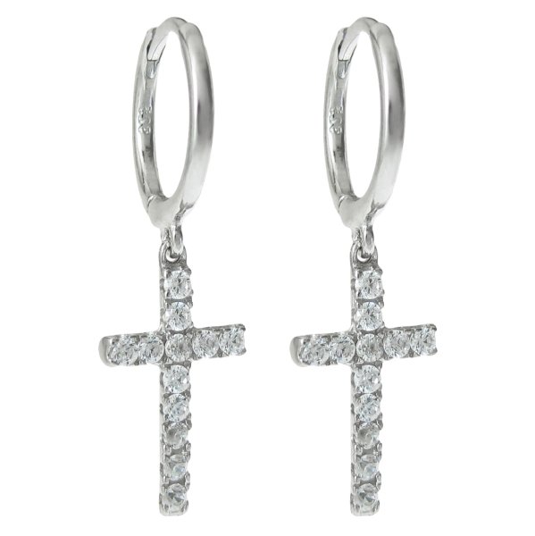 Sterling Silver Cubic Zirconia Christian Cross Dangle Hoop Huggie Earrings