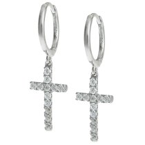 Sterling Silver Cubic Zirconia Christian Cross Dangle Hoop Huggie Earrings