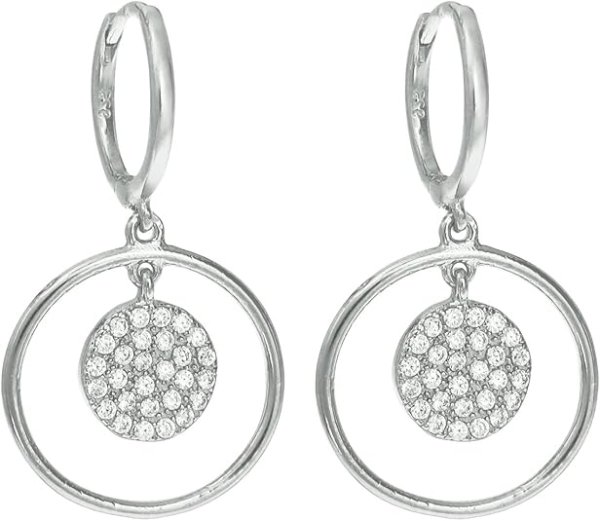 Rhodium-Plated Sterling Silver Round Cubic Zirconia Dangle Chandelier Hoop Huggie Earrings