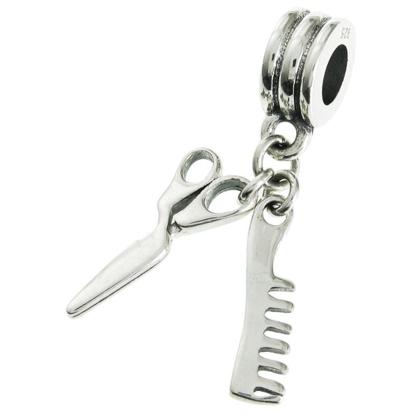 925 Sterling Silver Hair Stylist Scissors Comb Dangle Bead for European Charm Bracelets