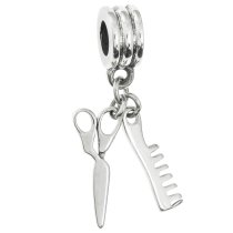 925 Sterling Silver Hair Stylist Scissors Comb Dangle Bead for European Charm Bracelets
