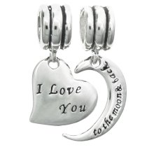 925 Sterling Silver ″I Love You to the Moon & Back″ Heart Dangle Bead for European Charm Bracelets