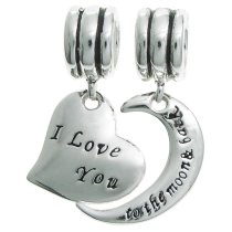925 Sterling Silver "I Love You to the Moon & Back" Heart Dangle Bead for European Charm Bracelets