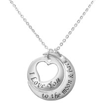 925 Sterling Silver ″I Love You to the Moon & Back″ Round Heart Dangle Charm Pendant Rolo Chain Necklace 16″+2″ Extender