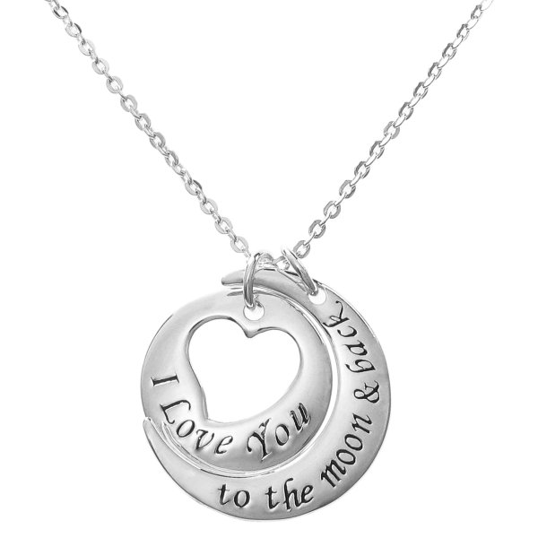 925 Sterling Silver "I Love You to the Moon & Back" Round Heart Dangle Charm Pendant Rolo Chain Necklace 16"+2" Extender