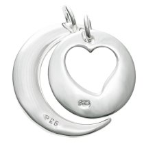 925 Sterling Silver "I Love You to the Moon & Back" Round Heart Dangle Charm Pendant Rolo Chain Necklace 16"+2" Extender