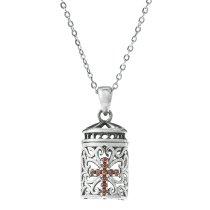 925 Sterling Silver Christian Cross Red CZ Crystal Dangle Locket Box Pendant Rolo Chain Necklace 16″+2″ Extender