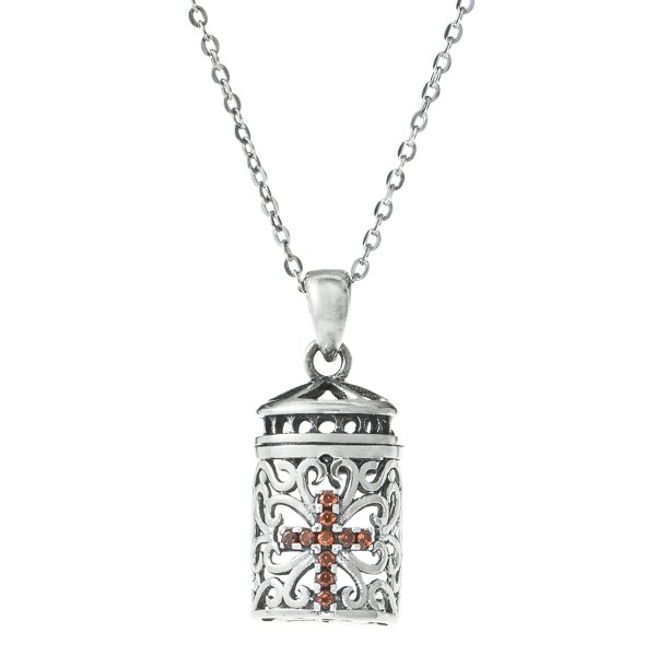 925 Sterling Silver Christian Cross Red CZ Crystal Dangle Locket Box Pendant Rolo Chain Necklace 16"+2" Extender