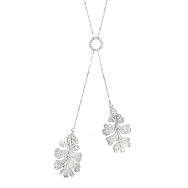 Handcrafted Sterling Silver Double Genuine Oak Leaf Vein Pattern Dangle Pendant Charm Link Chain Necklace 18" + 2" Extender
