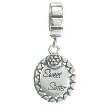 Antique Sterling Silver Daisy Flower Sweet Sister Dangle Bead for European Charm Bracelets
