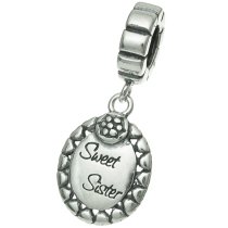 Antique Sterling Silver Daisy Flower Sweet Sister Dangle Bead for European Charm Bracelets