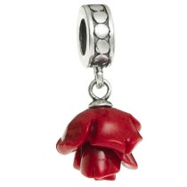 Antique Sterling Silver Simulated Red Coral Rose Flower Dangle Bead for European Charm Bracelets