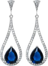 Sterling Silver Teardrop Loop Blue Glass With Clear Cubic Zirconia Dangle Earring Stud Post