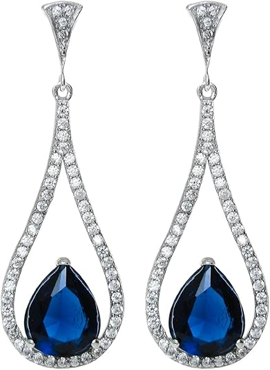 Sterling Silver Teardrop Loop Blue Glass With Clear Cubic Zirconia Dangle Earring Stud Post