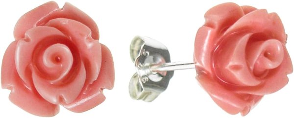2x Sterling Silver Simulated Pink Coral Rose Earring Stud Post 10mm