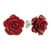 Sterling Silver Simulated Red Coral Rose Earring Stud Post 15mm
