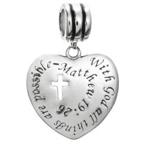 925 Sterling Silver Christian Cross ″With God All Things Are Possible″ Dangle Bead for European Charm Bracelets