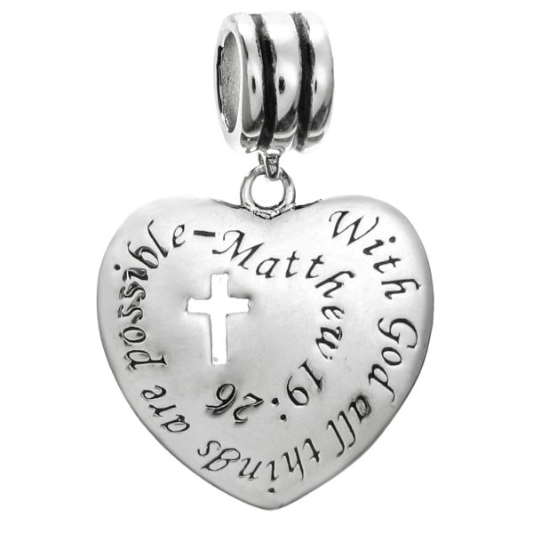 925 Sterling Silver Christian Cross "With God All Things Are Possible" Dangle Bead for European Charm Bracelets