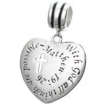 925 Sterling Silver Christian Cross "With God All Things Are Possible" Dangle Bead for European Charm Bracelets